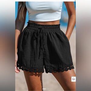 Cupshe black paperbag waist lace trim cover up shorts